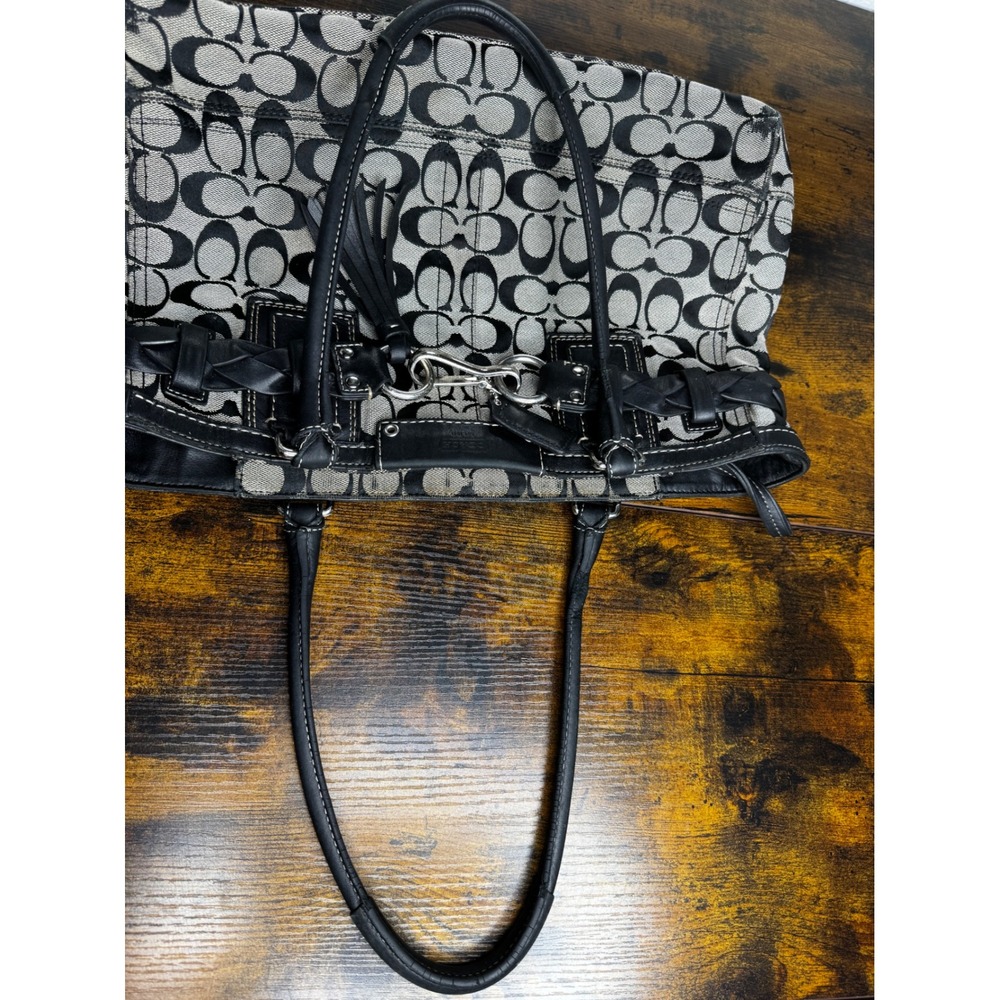 Coach Signature C Tote Bag Black Grey Canvas Leather Braided Trim Tassel - Picture 7 of 16